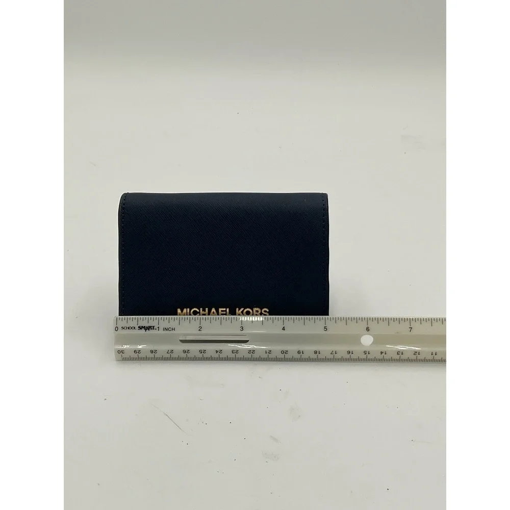 Michael Kors Navy Bifold Wallet w/ Zip Coin Pocket, ID Window & Logo Accents